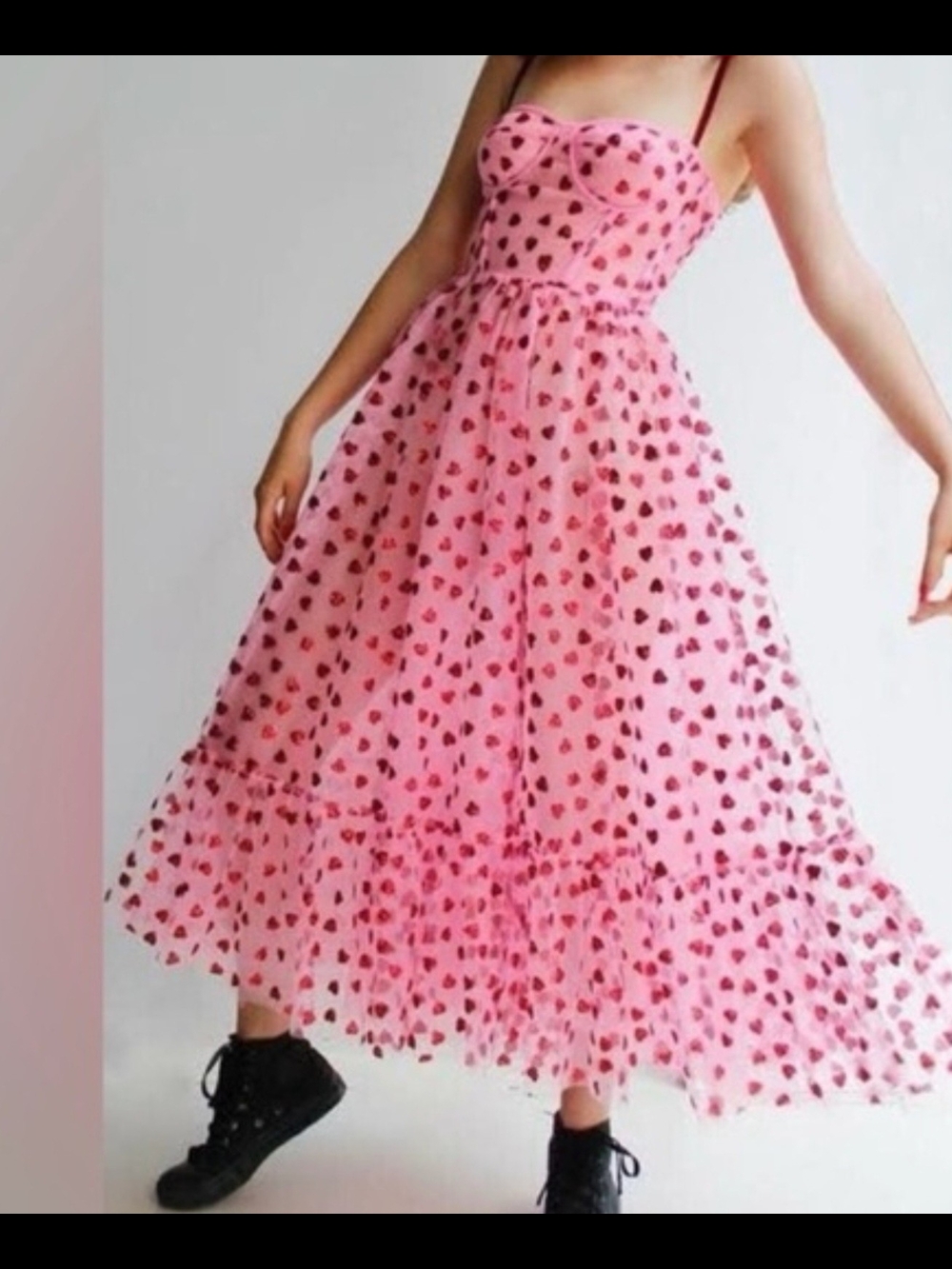 Betsey Johnson Pink Heart-Print Midi Dress with Ruffle Hem